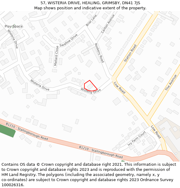 57, WISTERIA DRIVE, HEALING, GRIMSBY, DN41 7JS: Location map and indicative extent of plot