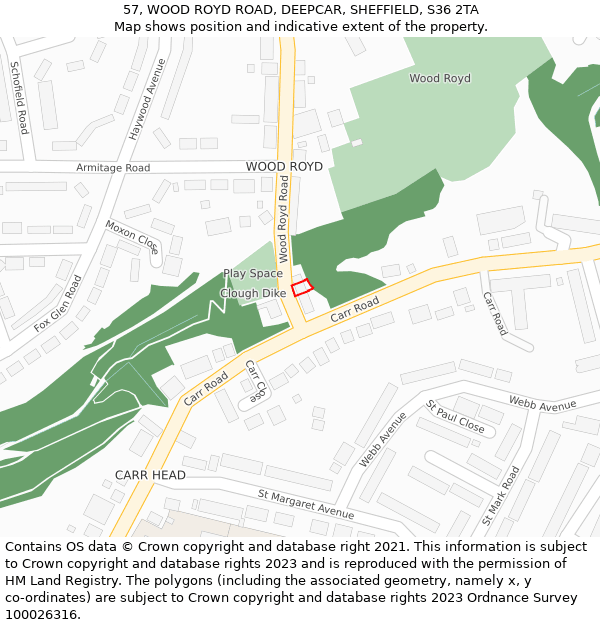 57, WOOD ROYD ROAD, DEEPCAR, SHEFFIELD, S36 2TA: Location map and indicative extent of plot