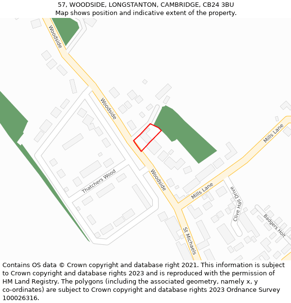 57, WOODSIDE, LONGSTANTON, CAMBRIDGE, CB24 3BU: Location map and indicative extent of plot