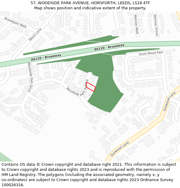 57, WOODSIDE PARK AVENUE, HORSFORTH, LEEDS, LS18 4TF: Location map and indicative extent of plot