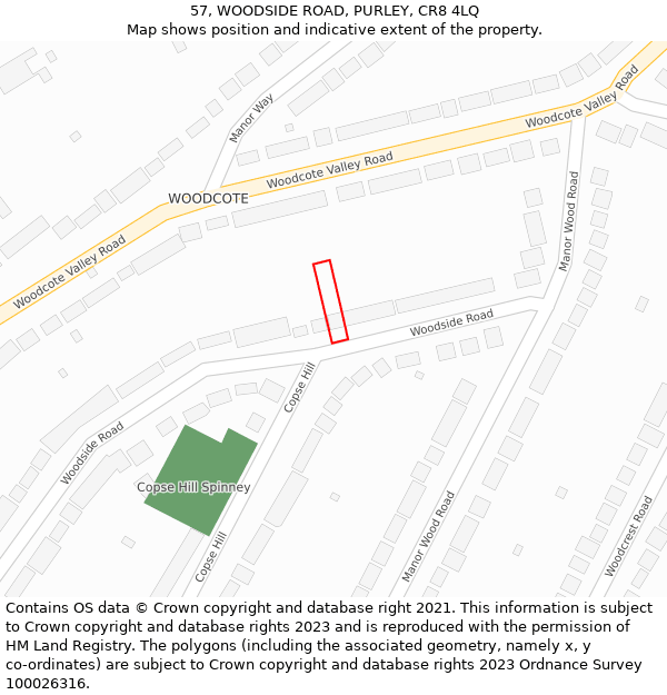 57, WOODSIDE ROAD, PURLEY, CR8 4LQ: Location map and indicative extent of plot