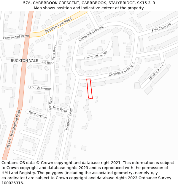 57A, CARRBROOK CRESCENT, CARRBROOK, STALYBRIDGE, SK15 3LR: Location map and indicative extent of plot