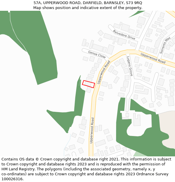 57A, UPPERWOOD ROAD, DARFIELD, BARNSLEY, S73 9RQ: Location map and indicative extent of plot