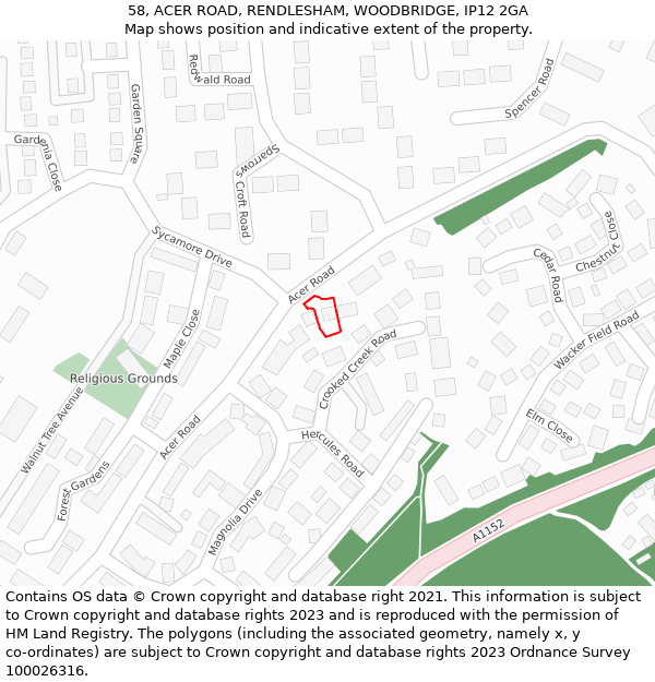 58, ACER ROAD, RENDLESHAM, WOODBRIDGE, IP12 2GA: Location map and indicative extent of plot