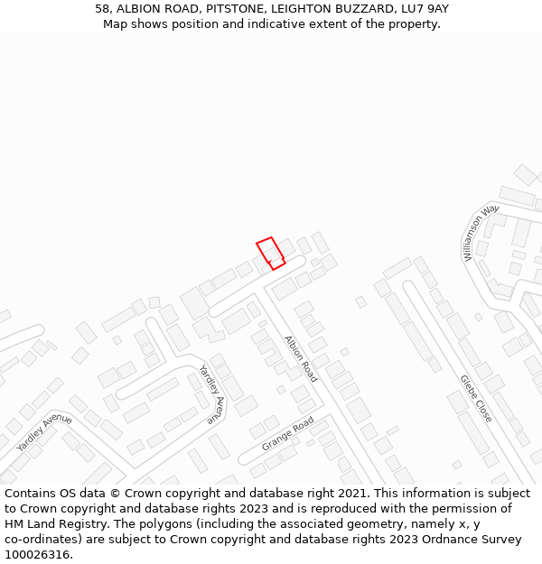 58, ALBION ROAD, PITSTONE, LEIGHTON BUZZARD, LU7 9AY: Location map and indicative extent of plot