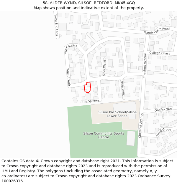 58, ALDER WYND, SILSOE, BEDFORD, MK45 4GQ: Location map and indicative extent of plot