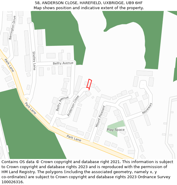 58, ANDERSON CLOSE, HAREFIELD, UXBRIDGE, UB9 6HF: Location map and indicative extent of plot