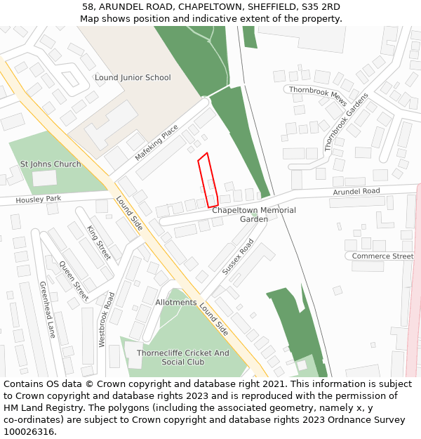 58, ARUNDEL ROAD, CHAPELTOWN, SHEFFIELD, S35 2RD: Location map and indicative extent of plot