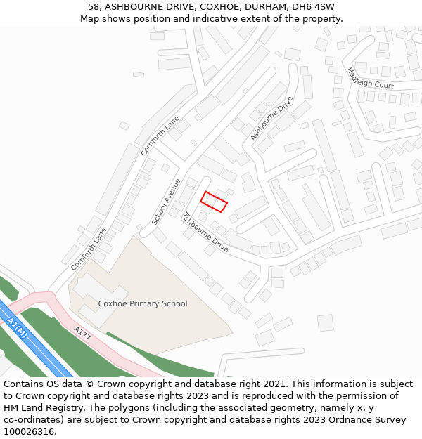 58, ASHBOURNE DRIVE, COXHOE, DURHAM, DH6 4SW: Location map and indicative extent of plot