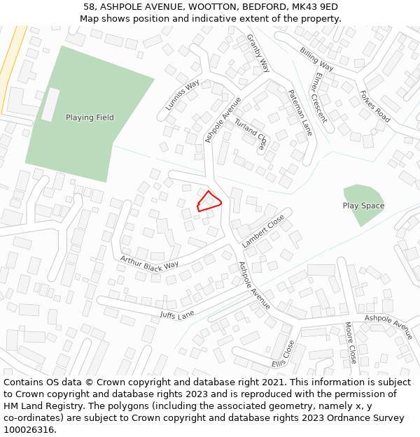 58, ASHPOLE AVENUE, WOOTTON, BEDFORD, MK43 9ED: Location map and indicative extent of plot