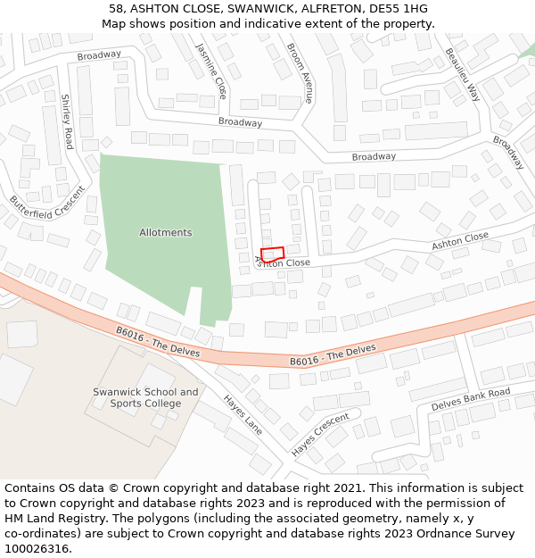 58, ASHTON CLOSE, SWANWICK, ALFRETON, DE55 1HG: Location map and indicative extent of plot