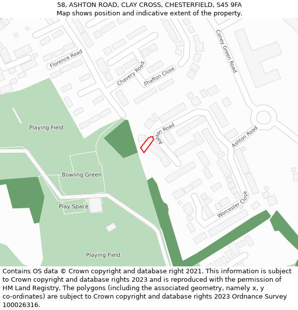 58, ASHTON ROAD, CLAY CROSS, CHESTERFIELD, S45 9FA: Location map and indicative extent of plot