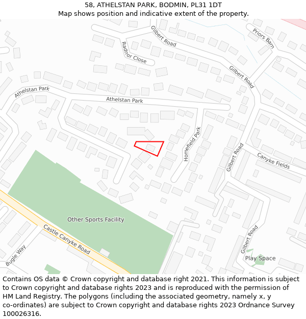 58, ATHELSTAN PARK, BODMIN, PL31 1DT: Location map and indicative extent of plot