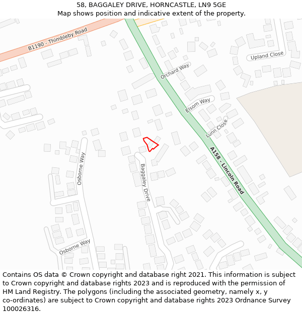 58, BAGGALEY DRIVE, HORNCASTLE, LN9 5GE: Location map and indicative extent of plot