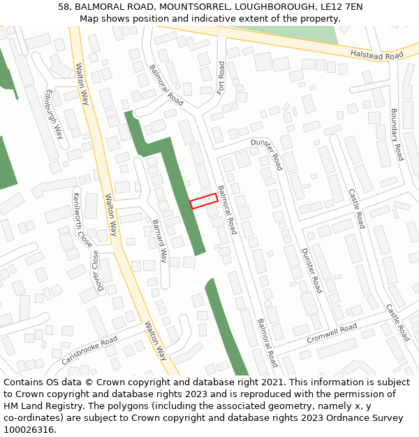 58, BALMORAL ROAD, MOUNTSORREL, LOUGHBOROUGH, LE12 7EN: Location map and indicative extent of plot