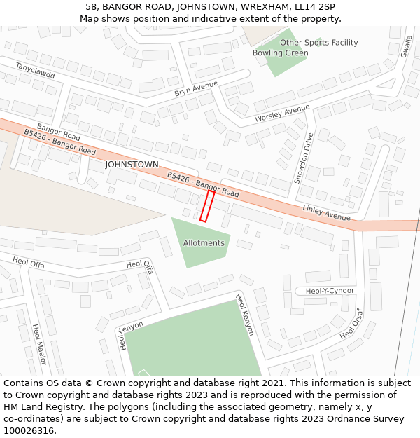 58, BANGOR ROAD, JOHNSTOWN, WREXHAM, LL14 2SP: Location map and indicative extent of plot