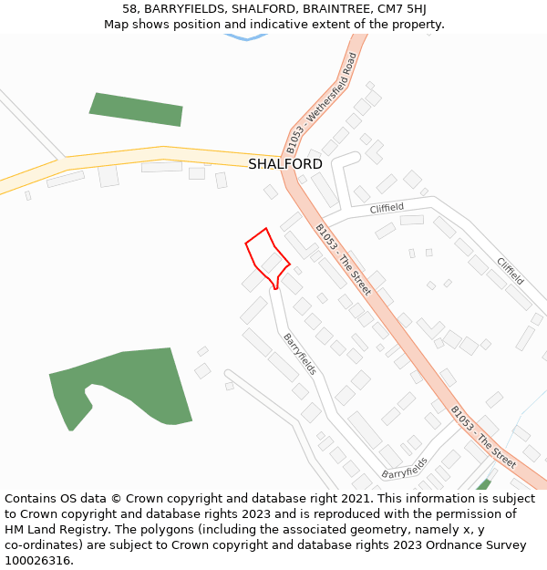 58, BARRYFIELDS, SHALFORD, BRAINTREE, CM7 5HJ: Location map and indicative extent of plot