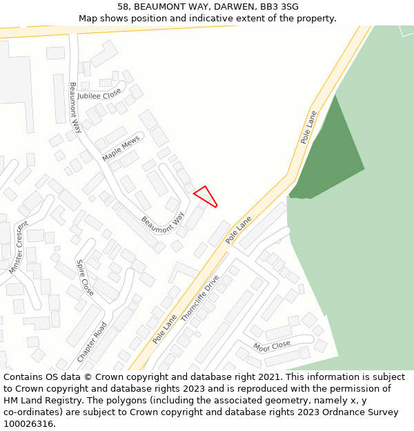 58, BEAUMONT WAY, DARWEN, BB3 3SG: Location map and indicative extent of plot
