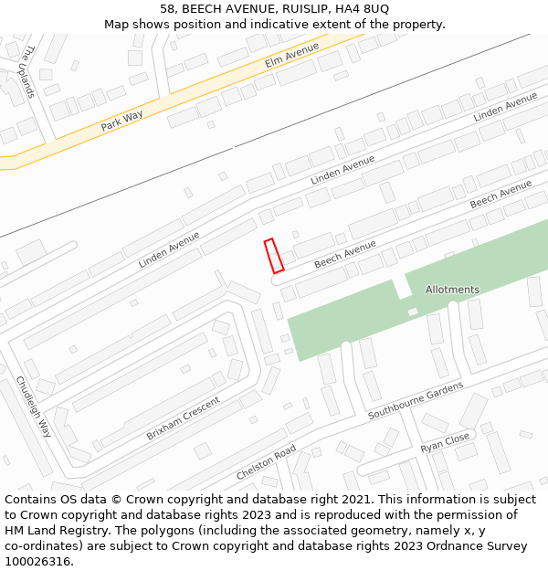 58, BEECH AVENUE, RUISLIP, HA4 8UQ: Location map and indicative extent of plot