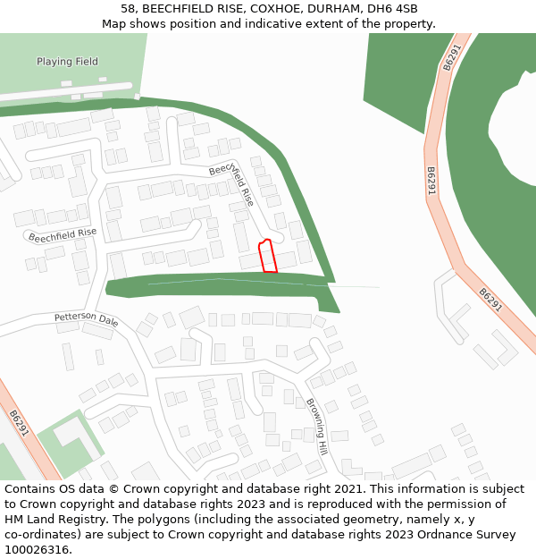 58, BEECHFIELD RISE, COXHOE, DURHAM, DH6 4SB: Location map and indicative extent of plot