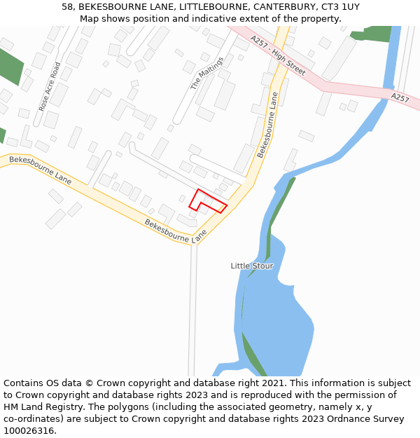 58, BEKESBOURNE LANE, LITTLEBOURNE, CANTERBURY, CT3 1UY: Location map and indicative extent of plot