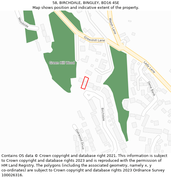 58, BIRCHDALE, BINGLEY, BD16 4SE: Location map and indicative extent of plot