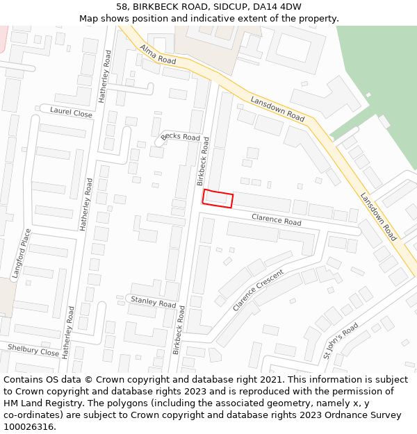58, BIRKBECK ROAD, SIDCUP, DA14 4DW: Location map and indicative extent of plot