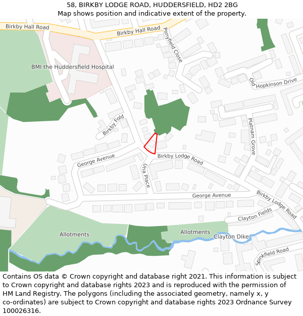 58, BIRKBY LODGE ROAD, HUDDERSFIELD, HD2 2BG: Location map and indicative extent of plot