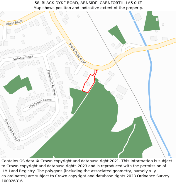 58, BLACK DYKE ROAD, ARNSIDE, CARNFORTH, LA5 0HZ: Location map and indicative extent of plot