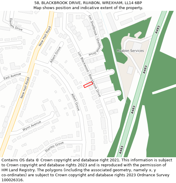 58, BLACKBROOK DRIVE, RUABON, WREXHAM, LL14 6BP: Location map and indicative extent of plot