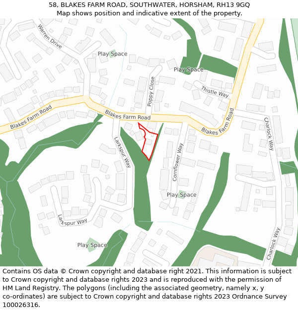 58, BLAKES FARM ROAD, SOUTHWATER, HORSHAM, RH13 9GQ: Location map and indicative extent of plot