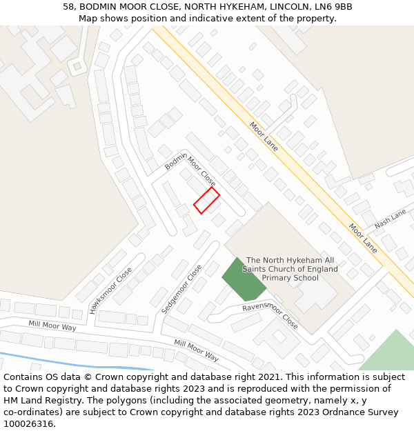 58, BODMIN MOOR CLOSE, NORTH HYKEHAM, LINCOLN, LN6 9BB: Location map and indicative extent of plot