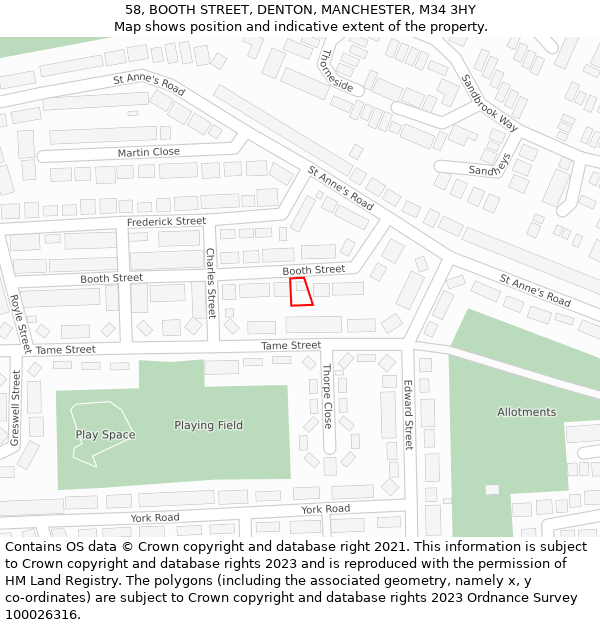 58, BOOTH STREET, DENTON, MANCHESTER, M34 3HY: Location map and indicative extent of plot