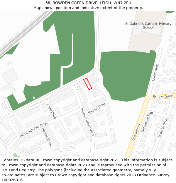 58, BOWDEN GREEN DRIVE, LEIGH, WN7 2EU: Location map and indicative extent of plot