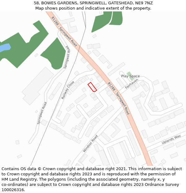 58, BOWES GARDENS, SPRINGWELL, GATESHEAD, NE9 7NZ: Location map and indicative extent of plot