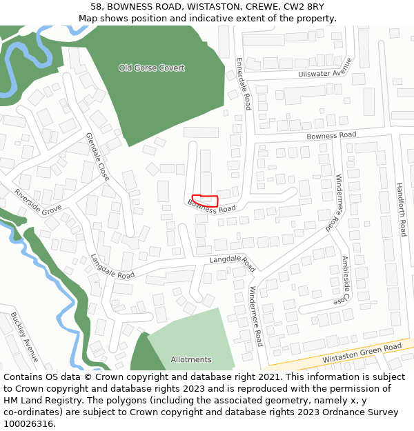58, BOWNESS ROAD, WISTASTON, CREWE, CW2 8RY: Location map and indicative extent of plot