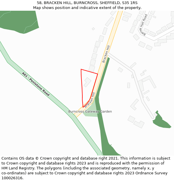 58, BRACKEN HILL, BURNCROSS, SHEFFIELD, S35 1RS: Location map and indicative extent of plot