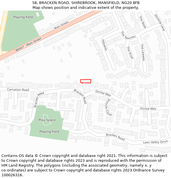 58, BRACKEN ROAD, SHIREBROOK, MANSFIELD, NG20 8FB: Location map and indicative extent of plot