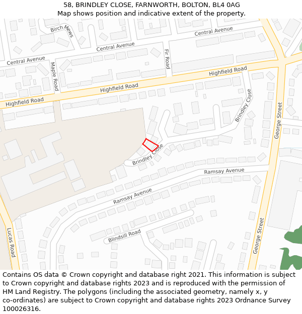 58, BRINDLEY CLOSE, FARNWORTH, BOLTON, BL4 0AG: Location map and indicative extent of plot