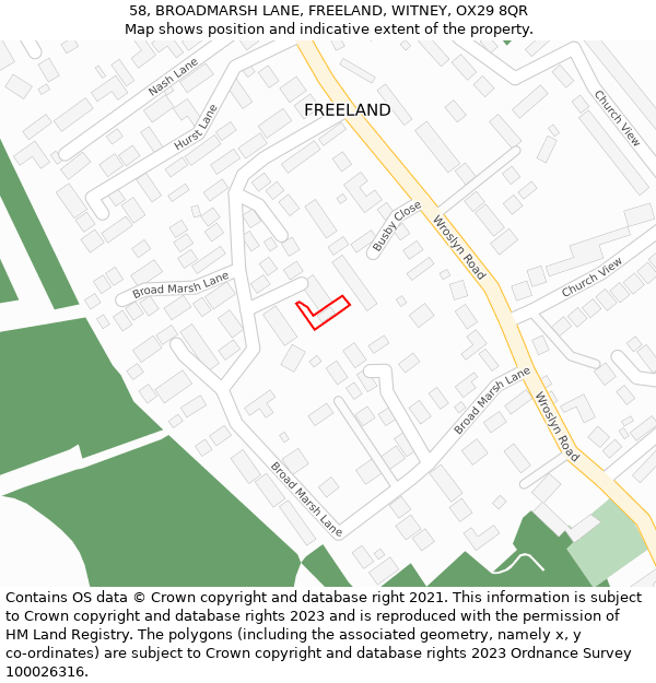 58, BROADMARSH LANE, FREELAND, WITNEY, OX29 8QR: Location map and indicative extent of plot