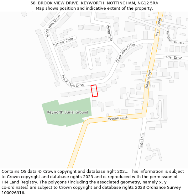 58, BROOK VIEW DRIVE, KEYWORTH, NOTTINGHAM, NG12 5RA: Location map and indicative extent of plot