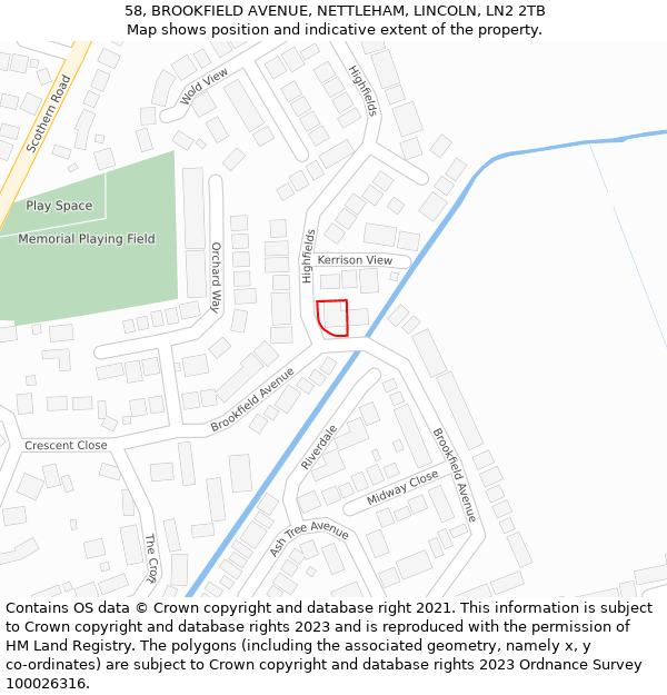 58, BROOKFIELD AVENUE, NETTLEHAM, LINCOLN, LN2 2TB: Location map and indicative extent of plot