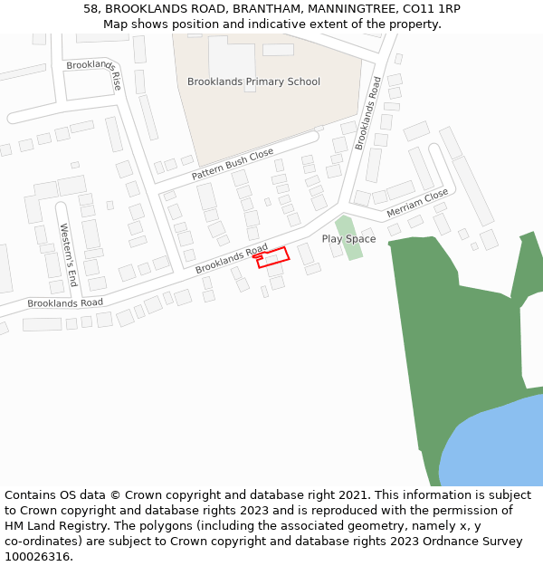 58, BROOKLANDS ROAD, BRANTHAM, MANNINGTREE, CO11 1RP: Location map and indicative extent of plot