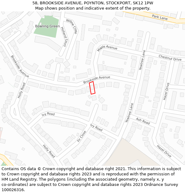 58, BROOKSIDE AVENUE, POYNTON, STOCKPORT, SK12 1PW: Location map and indicative extent of plot
