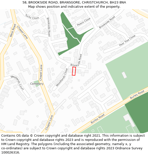 58, BROOKSIDE ROAD, BRANSGORE, CHRISTCHURCH, BH23 8NA: Location map and indicative extent of plot