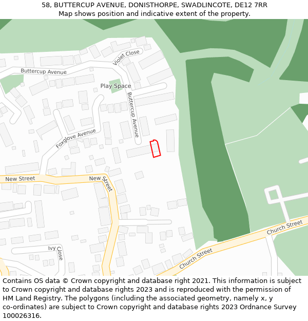 58, BUTTERCUP AVENUE, DONISTHORPE, SWADLINCOTE, DE12 7RR: Location map and indicative extent of plot