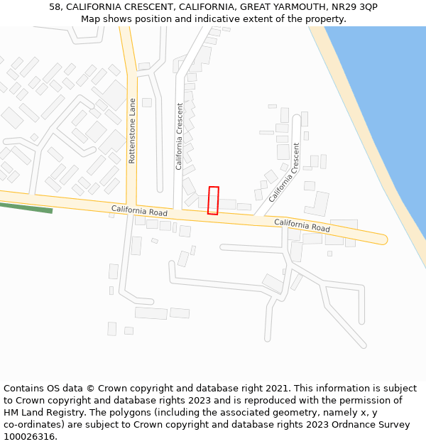 58, CALIFORNIA CRESCENT, CALIFORNIA, GREAT YARMOUTH, NR29 3QP: Location map and indicative extent of plot