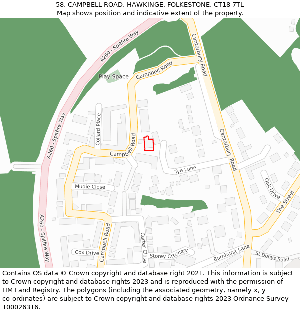 58, CAMPBELL ROAD, HAWKINGE, FOLKESTONE, CT18 7TL: Location map and indicative extent of plot