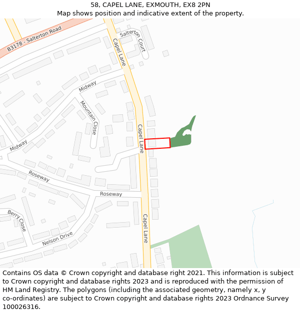 58, CAPEL LANE, EXMOUTH, EX8 2PN: Location map and indicative extent of plot