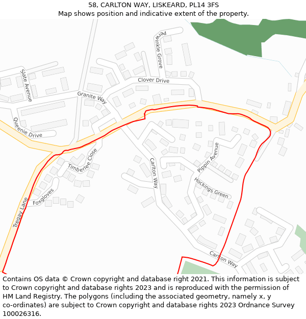 58, CARLTON WAY, LISKEARD, PL14 3FS: Location map and indicative extent of plot